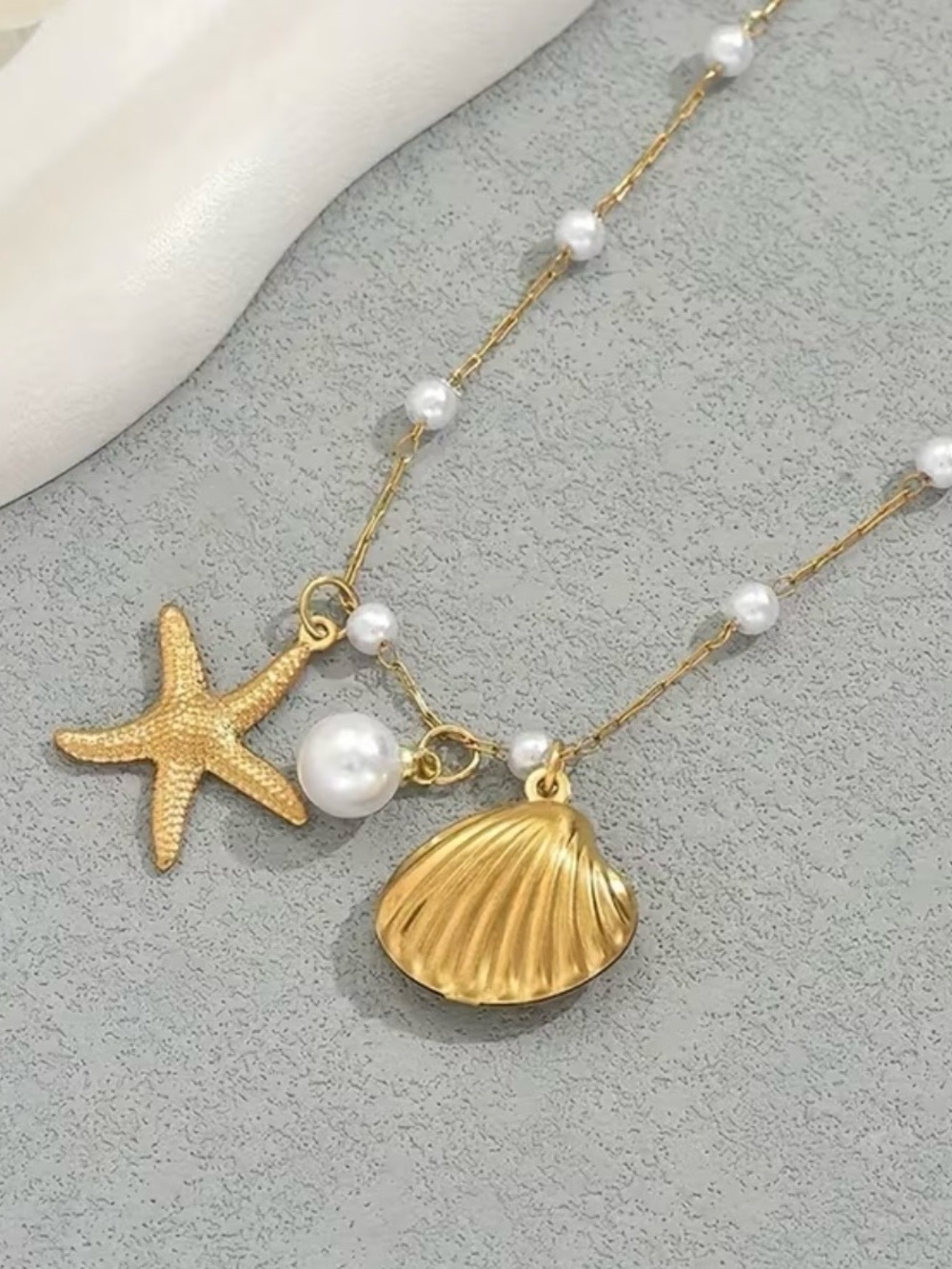 Gold Pearl Seashell & Starfish Charm Necklace - Women Jewelry